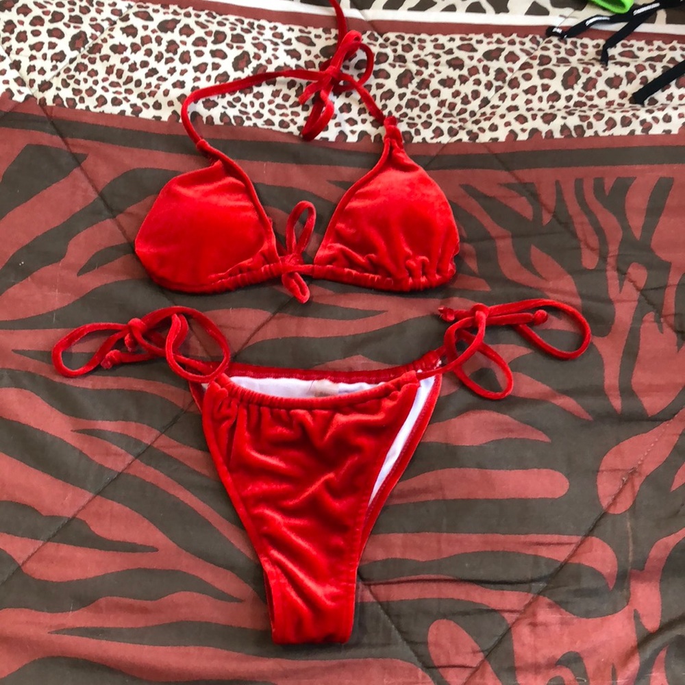 Red velvet material cheeky bikini